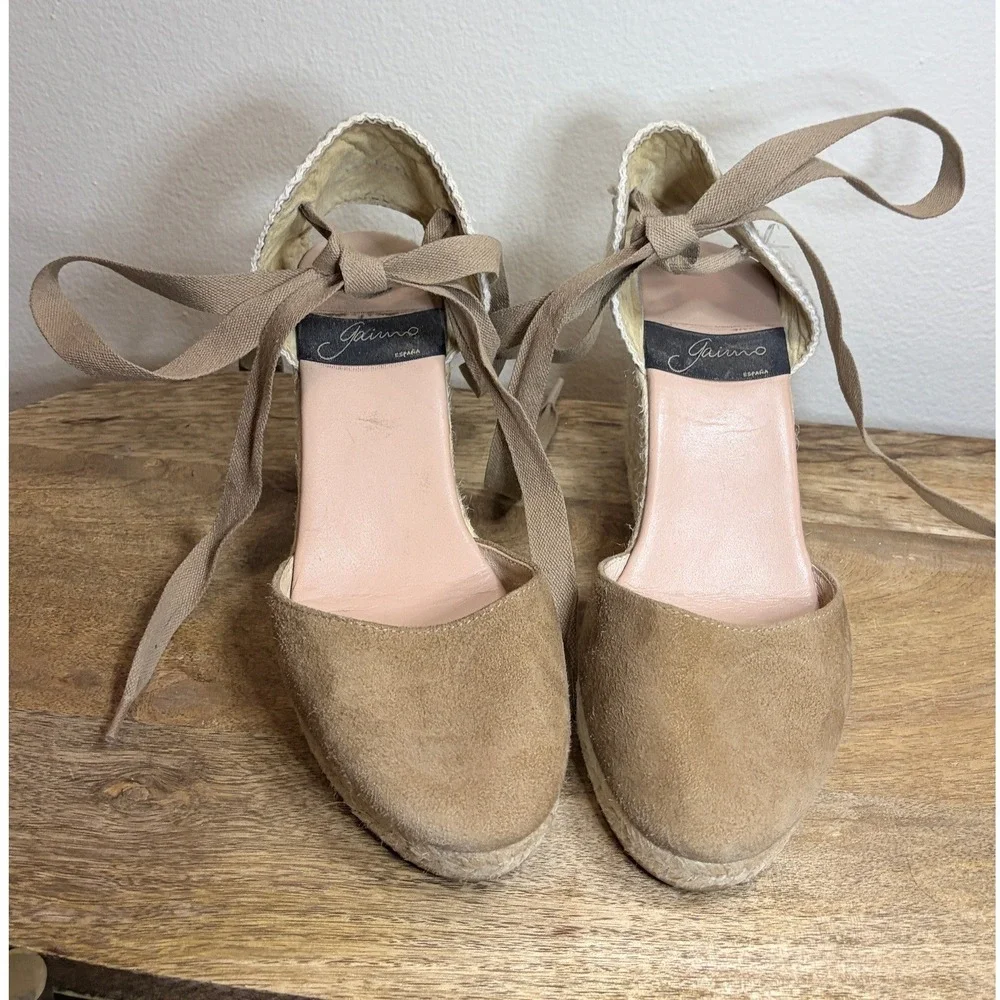 Gaimo Tan Suede Espadrille Wedges Ribbon Ankle Tie Made in Spain EU 37